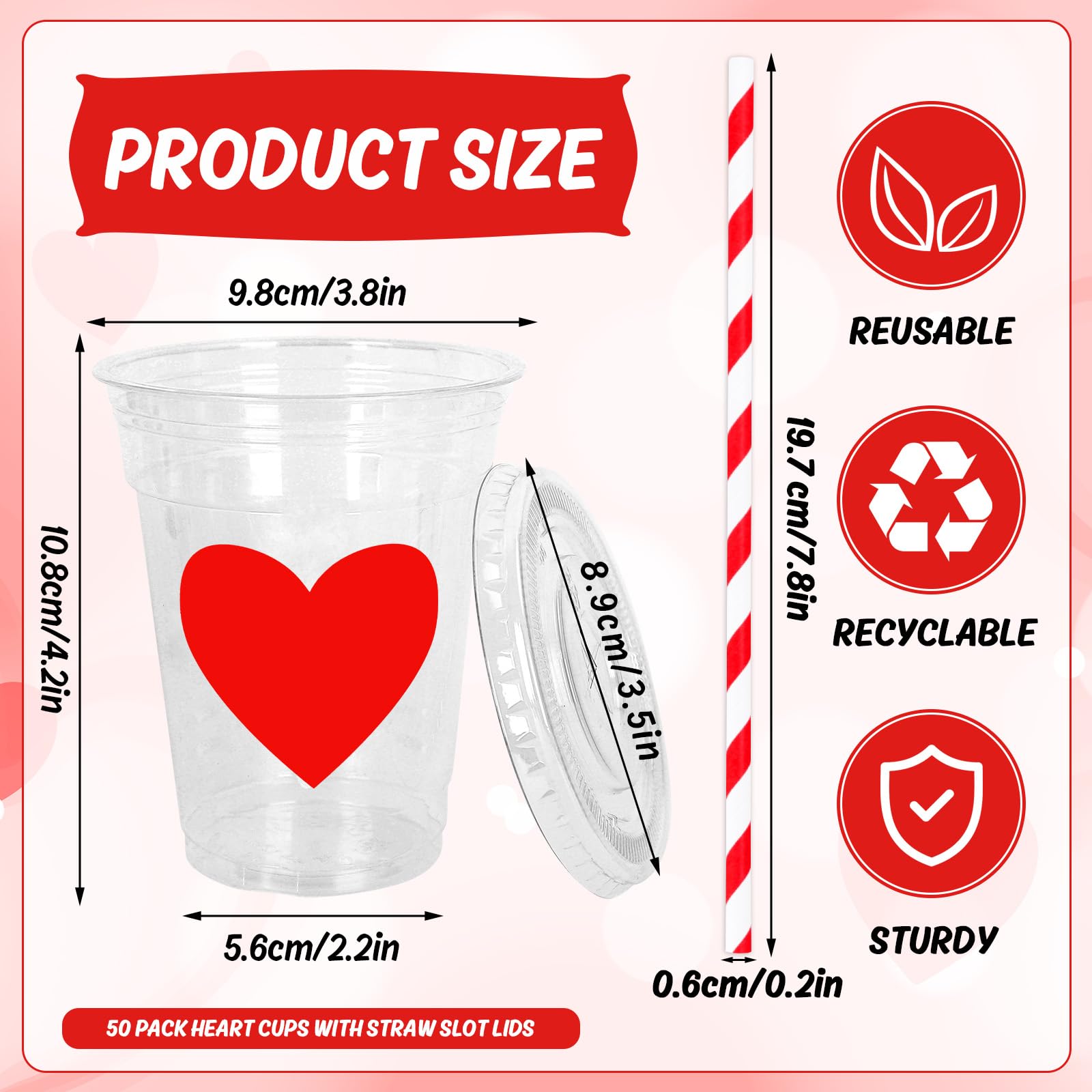 Whaline 50Pcs Valentine'S Day Disposable Plastic Cups With Lids And Straws 12Oz Party Cups Red Pink Cold Beverage Drinking Cups