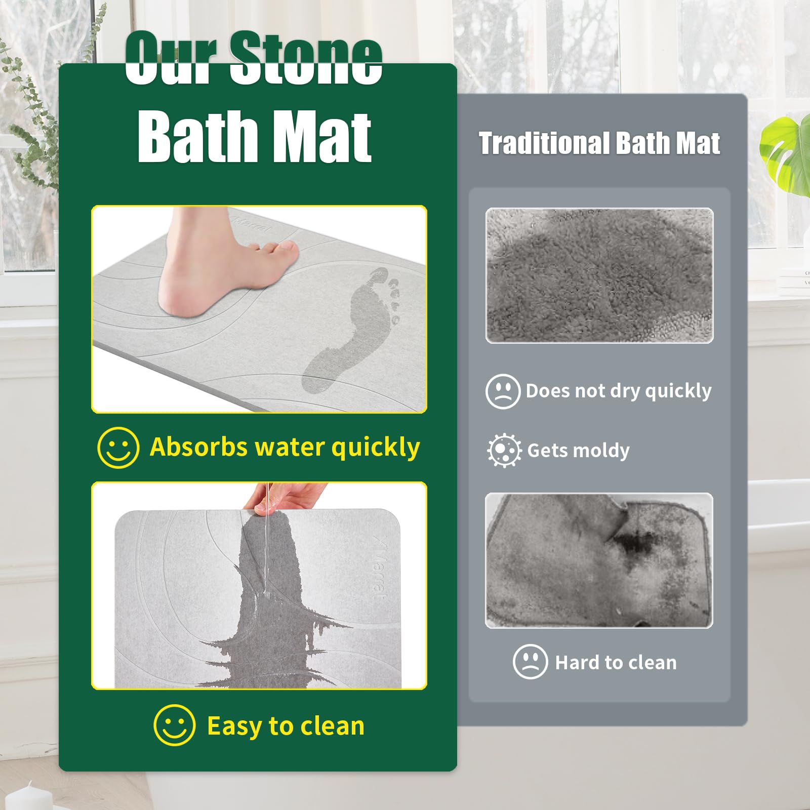 Xmarrat Stone Bath Mat, Quick Drying Diatomaceous Earth Bath Mat, Super Absorbent Stone Bath Mats For Bathroom, Non-Slip Diatomi