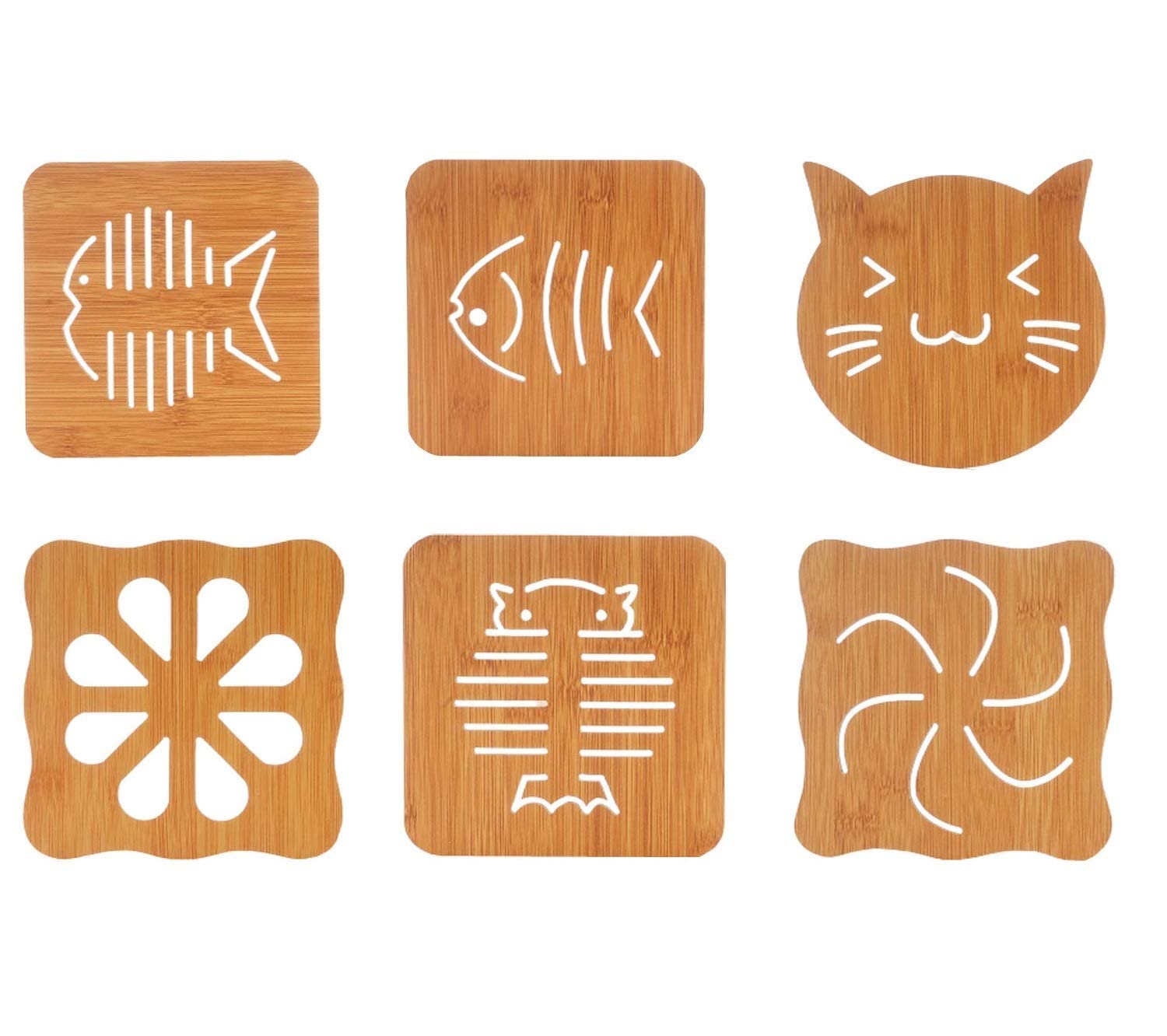 SAPIENT 6 Pc Bamboo Wooden Table Placemat Heat Resistant Hot Pot Coasters | Cup Mat Tea Coaster Big Small Dining Table Accessori