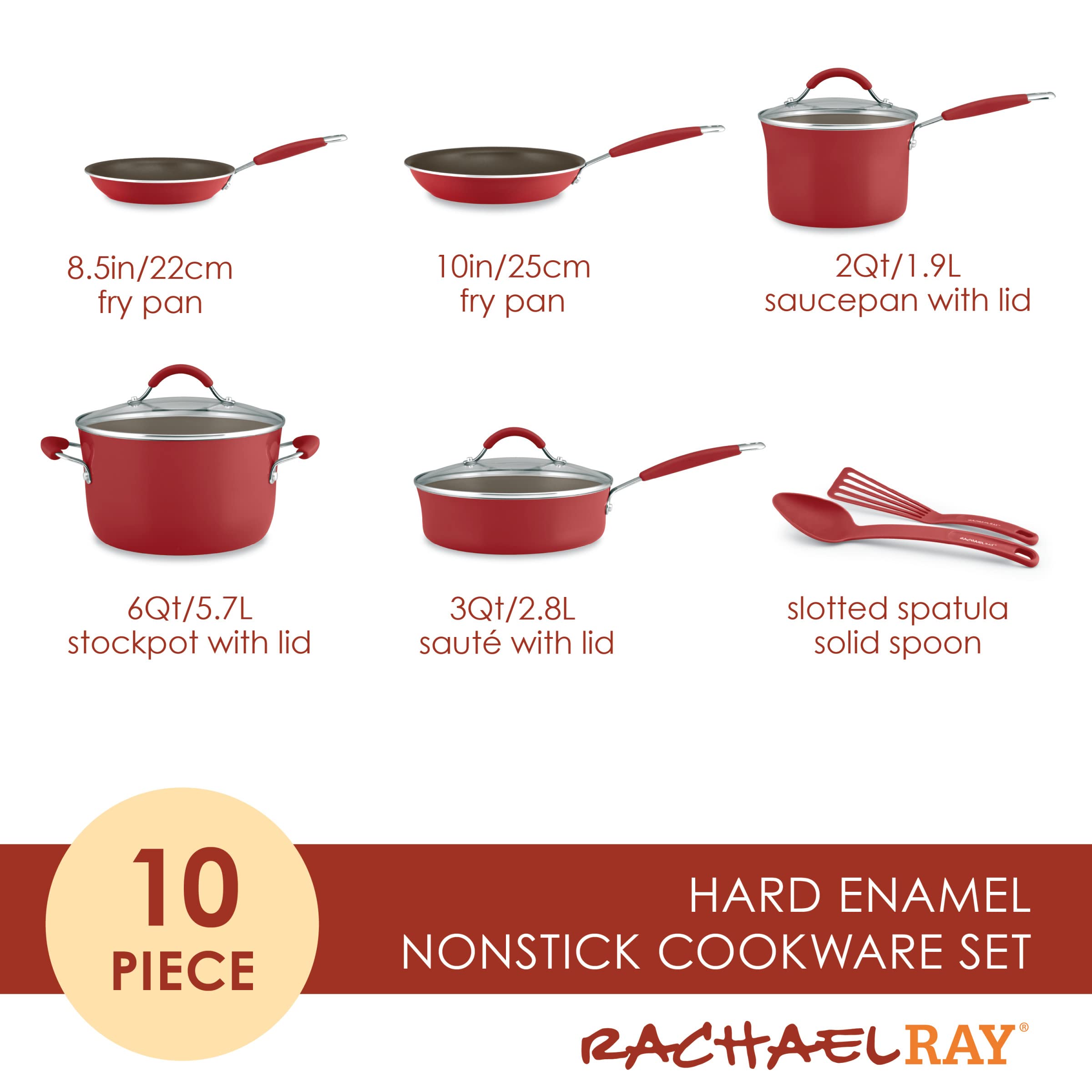 Rachael Ray Cucina Nonstick Cookware/Pots and Pans Set, 10 Piece - Cranberry Red