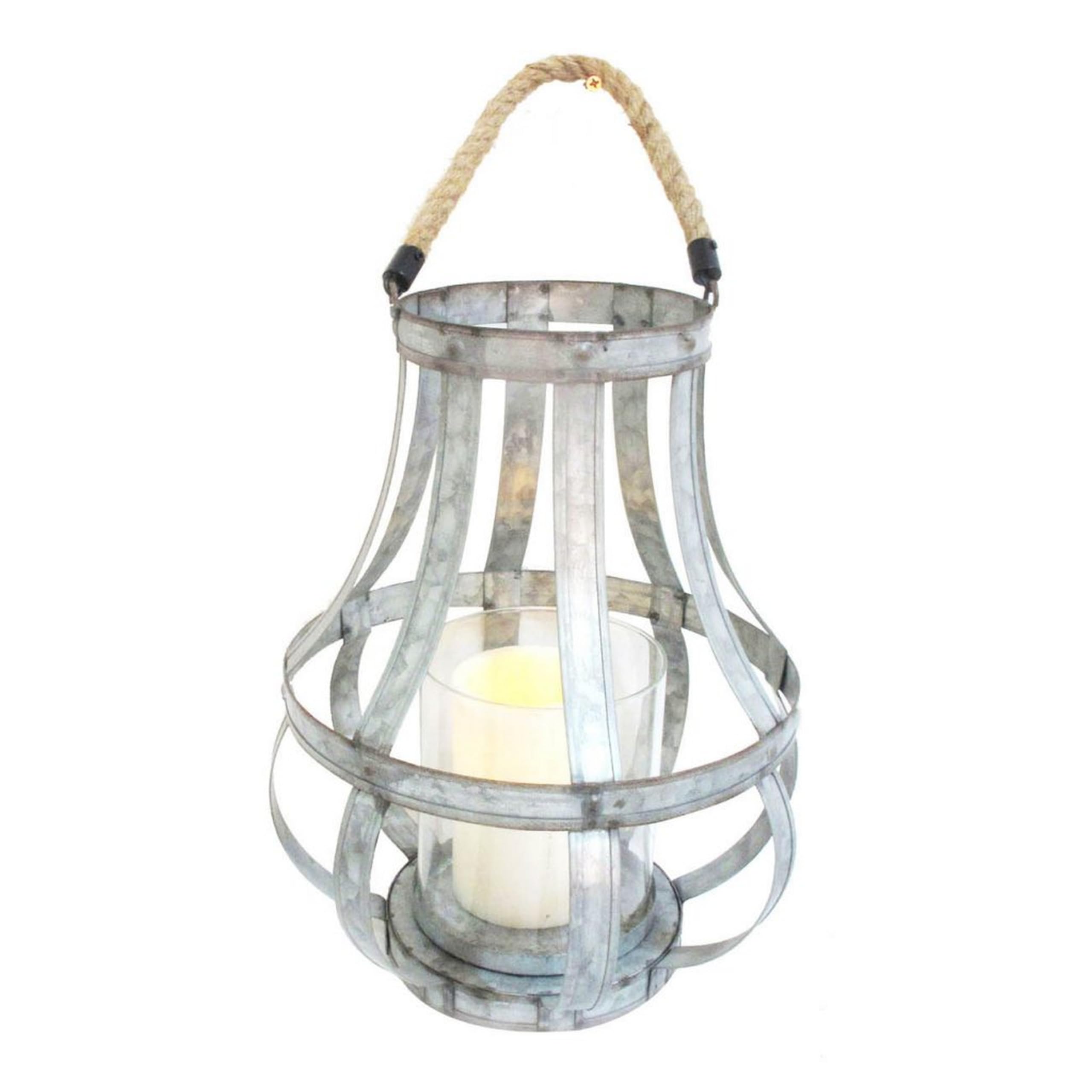 Benjara Transitional Metal Candle Holder with Rope and Glass Shade, Gray