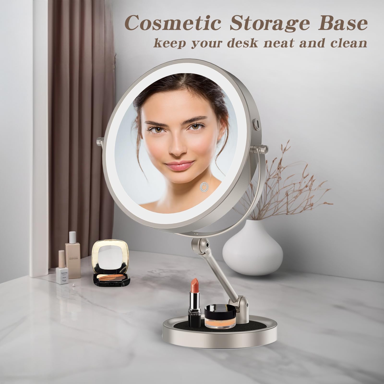 9 Large Lighted Makeup Mirror With 1X/10X Magnification, 4000Mah Rechargeable Vanity Mirror With Height Adjustable & 3 Color Dim