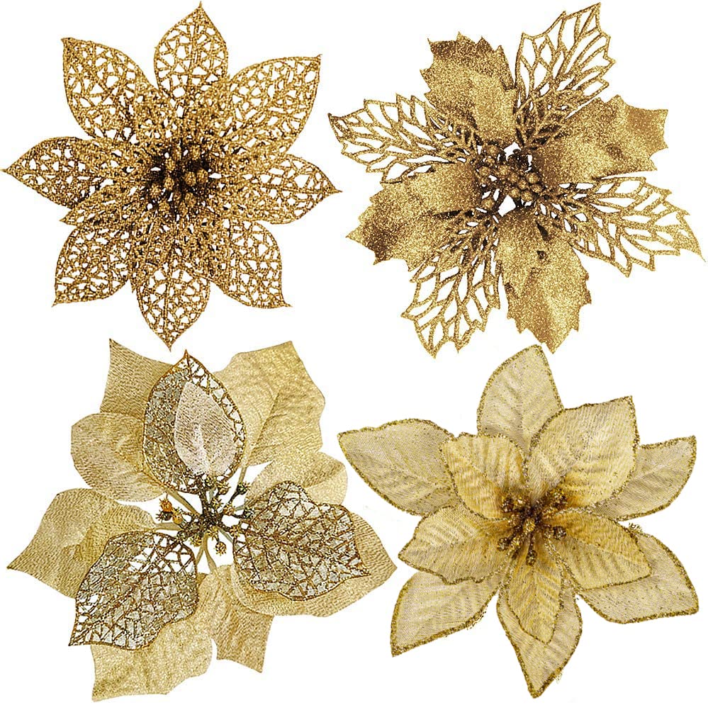 24 Pcs 4 Styles Christmas Gold Metallic Mesh Glitter Artificial Poinsettia Flower Stems Tree Ornaments in Box for Gold Christmas