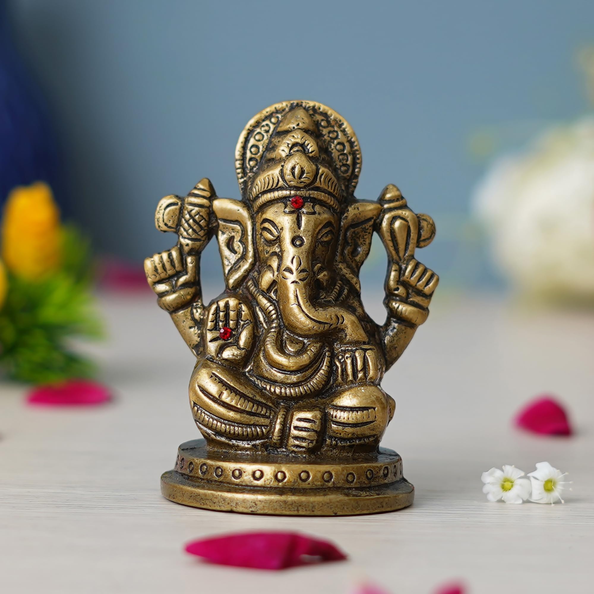 Ecraftindia Golden Metal Handcrafted Blessing Lord Ganesha Idol For Home Decor Office Car Dashboard- Ganesha Statue For Puja Roo
