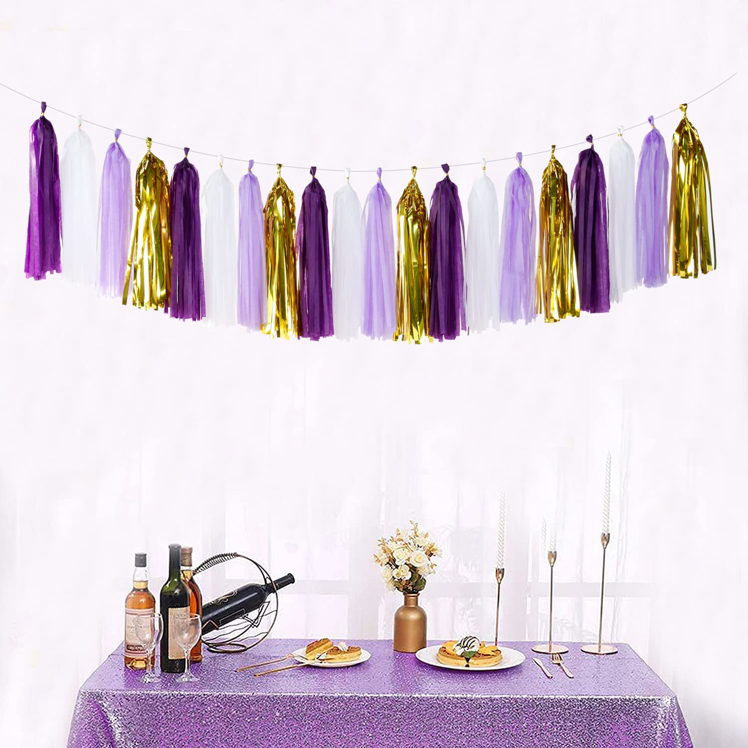 Purple-Gold Party Decoration Tassel Garland - 20pcs Lavender White Gold Birthday Party Supplies Tassels Banner Women Girls Weddi
