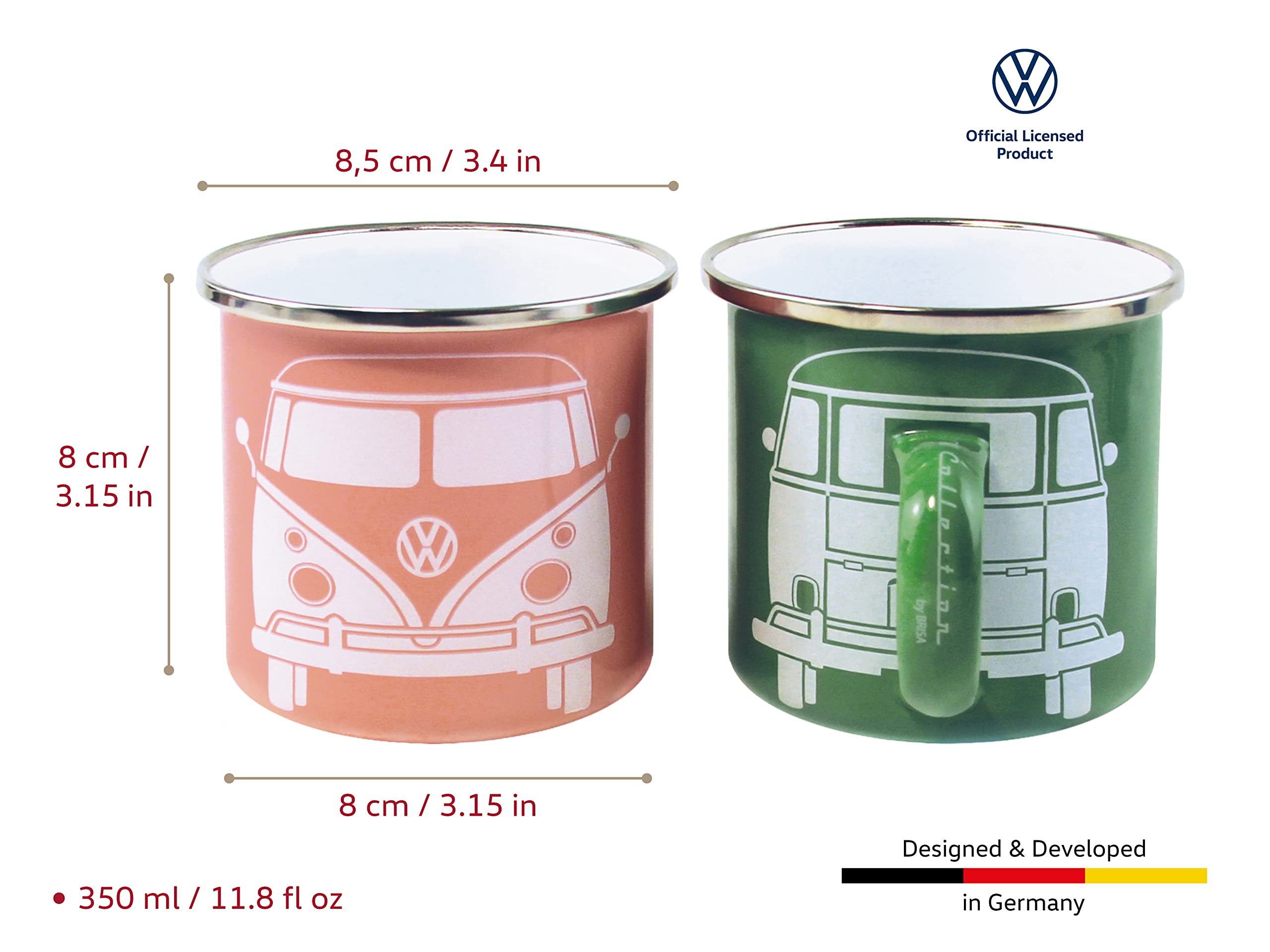 BRISA VW Collection - Volkswagen 2-piece Enamel Coffee-Tea Mug Cup Set for Camping & Outdoor T1 Bus (Green/Rose)