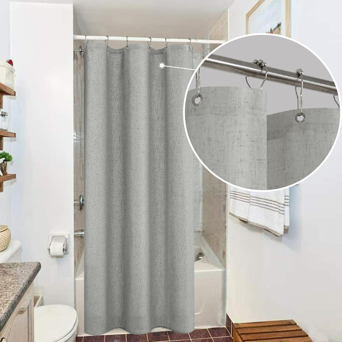 Koufall Grey Shower Curtain For Boys Kids,Waterproof Linen Fabric Liner Set With Hooks,Farmhouse Boho Modern Shower Curtains For