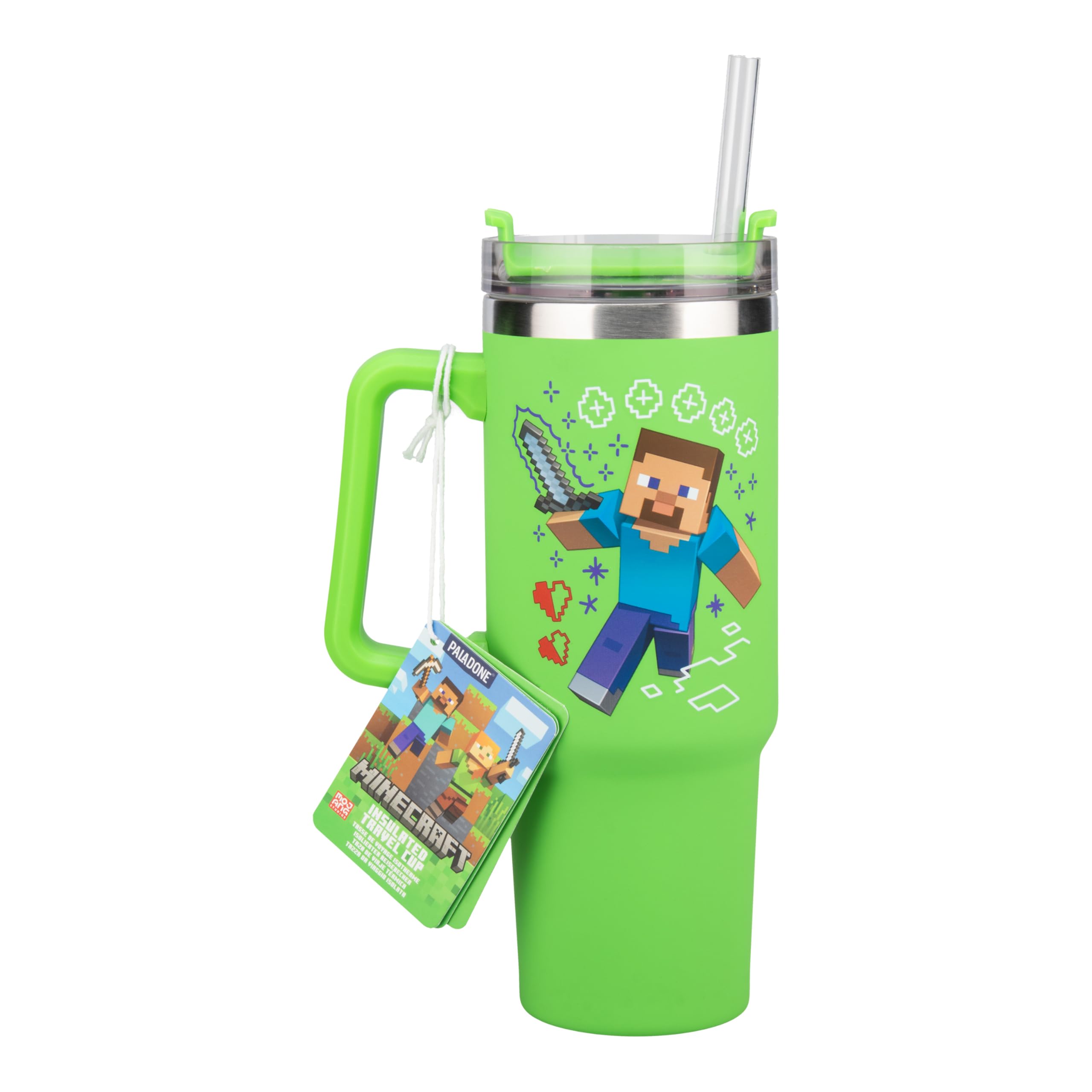 Paladone Minecraft Steve & Creeper 30 oz Green Insulated Cup and Straw, Officially Licensed Tumbler Travel Cup with Handle for I