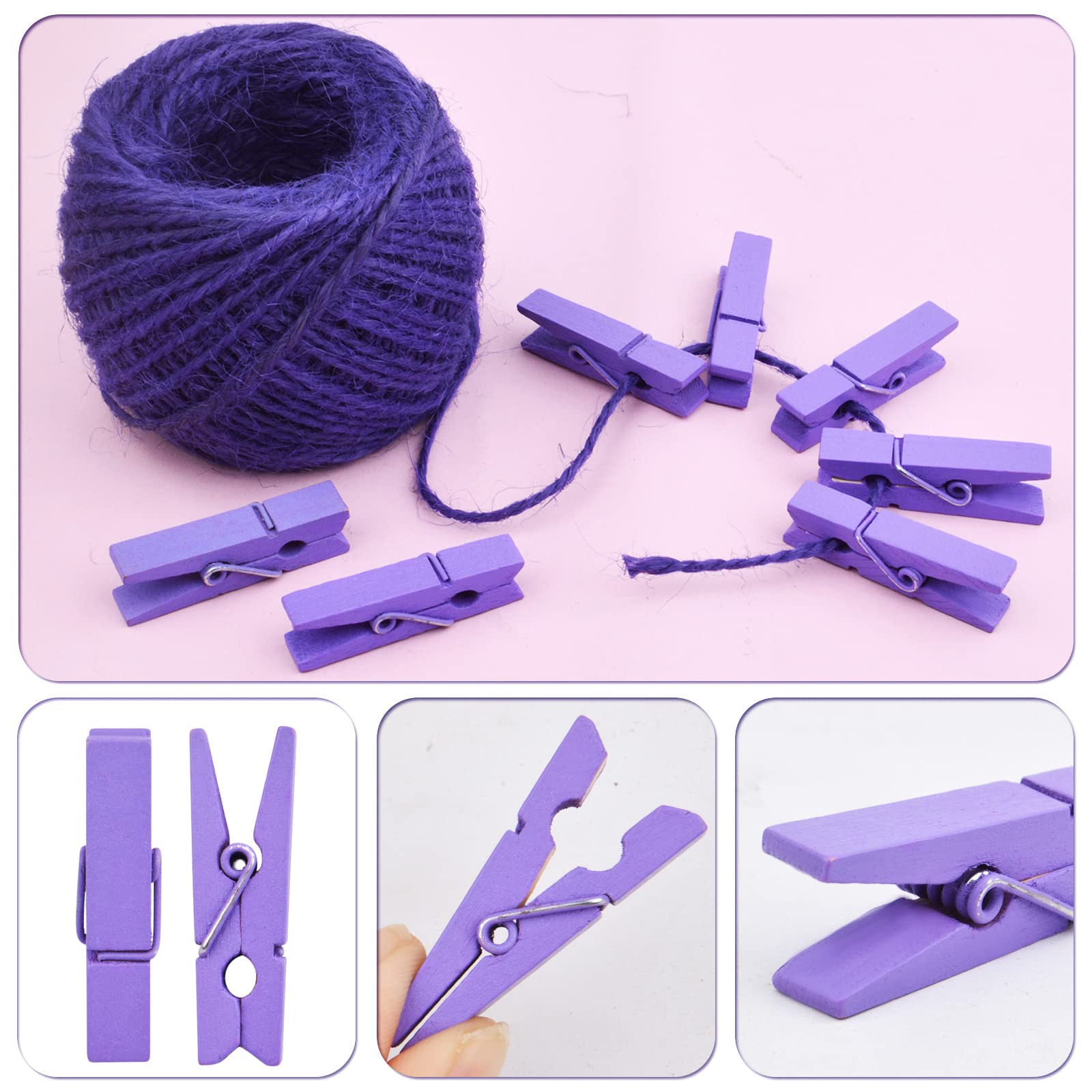 Bronagrand 50Pcs Purple Mini Wooden Pegs Pins Hardwood Photo Clips Clothespins Non Slip Laundry Pegs With 1 Roll Natural 50 M Ju