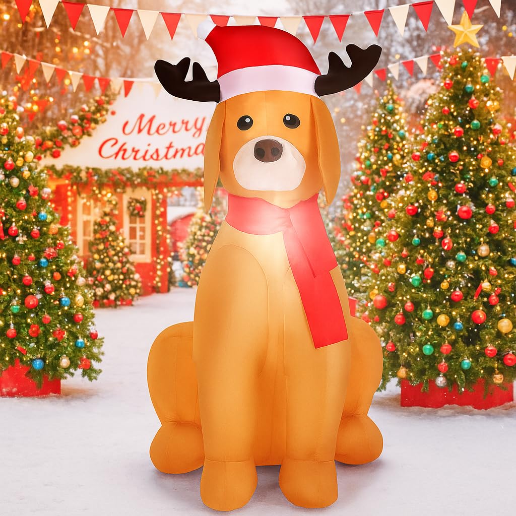 Kitticcino 4 FT Christmas Inflatables Dog Outdoor Decoration Blow Up Golden Retriever with Santa Hat and Scarf Outdoor Indoor Ya