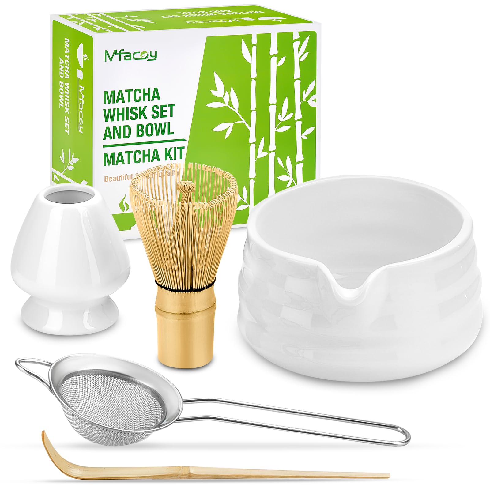 Matcha Whisk Set, Japanese Tea Set (5Pcs) Includes Matcha Bowl With Spout (19 Oz), Bamboo Matcha Whisk And Matcha Scoop, Matcha