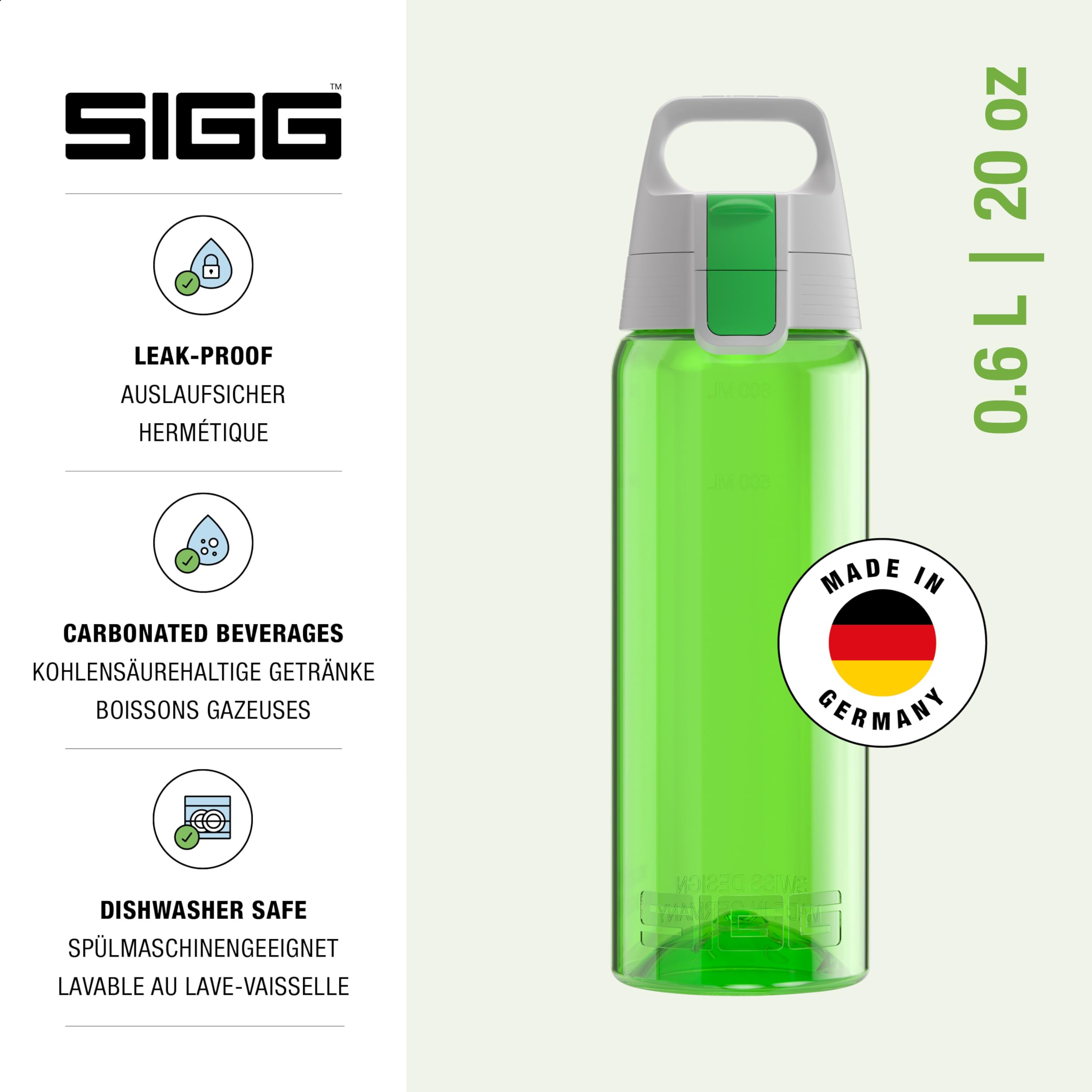Sigg - Tritan Sports Water Bottle - Total Color Green - Leakproof - Featherweight and Shatter-Proof Tritan Plastic - Dishwasher Safe - BPA Free - 20 Oz