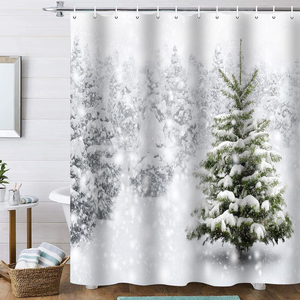 Onalasyc 4-Piece Christmas Shower Curtain Set,Winter Christmas Tree Snowflake Shower Curtains Holiday Bathroom Set with Shower C