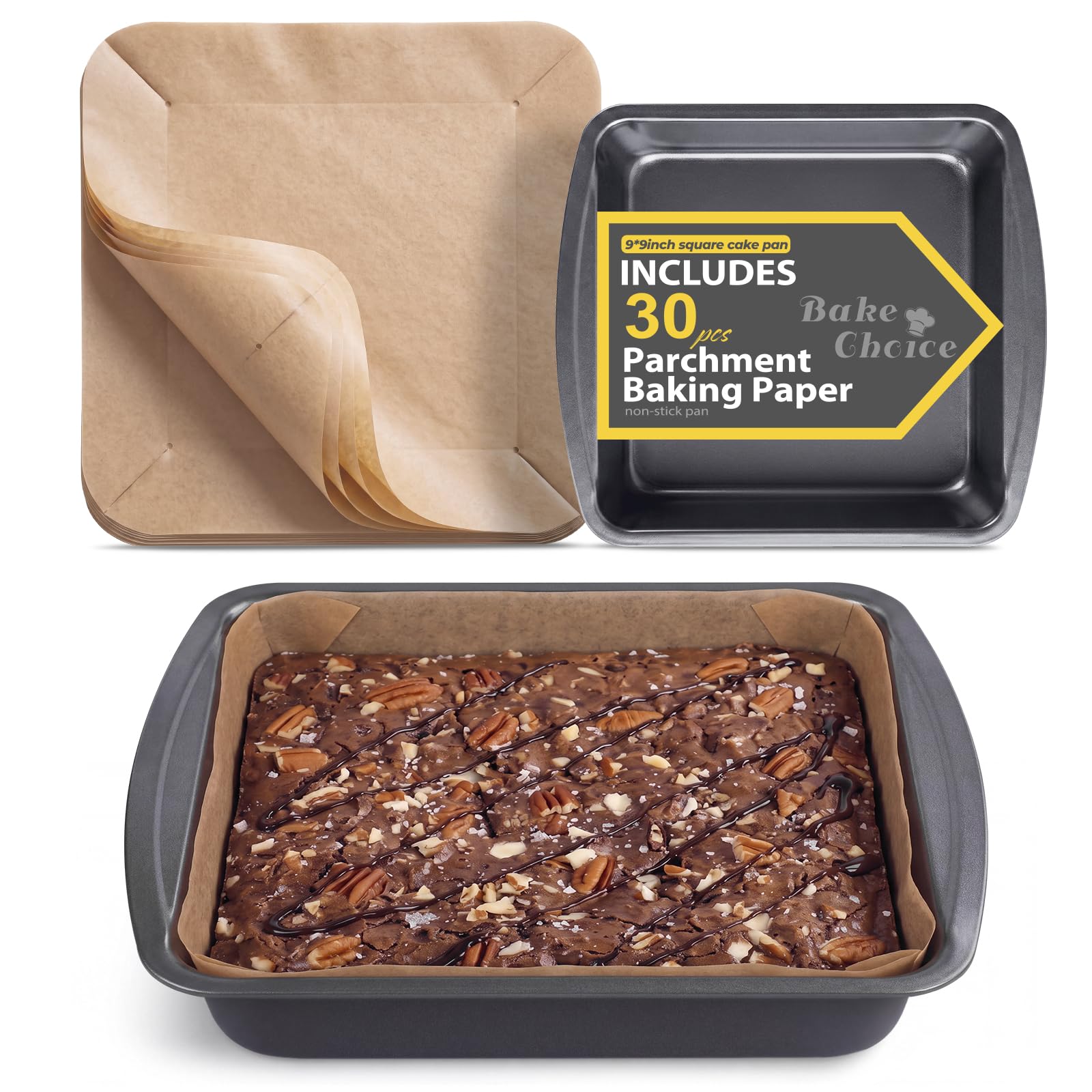 Bake Choice 9 x 9 Square Brownie Pan, Baking Pan with 30 Pcs Pre Cut Liners