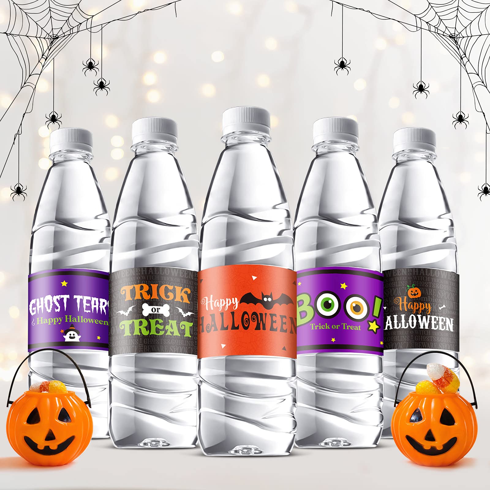 39 Pieces Halloween Water Bottle Labels Waterproof Water Bottle Sticker Wrappers Pumpkin Wrap Around Labels Trick Or Treat Bottl