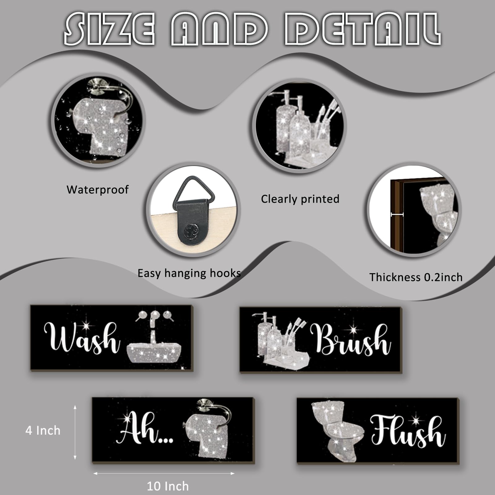 FENCORDAR 4 Pcs Silver Bathroom Decor Funny Silver And Black Wall Art Wooden Bathroom Accessories Modern Funny Glitter Set for H