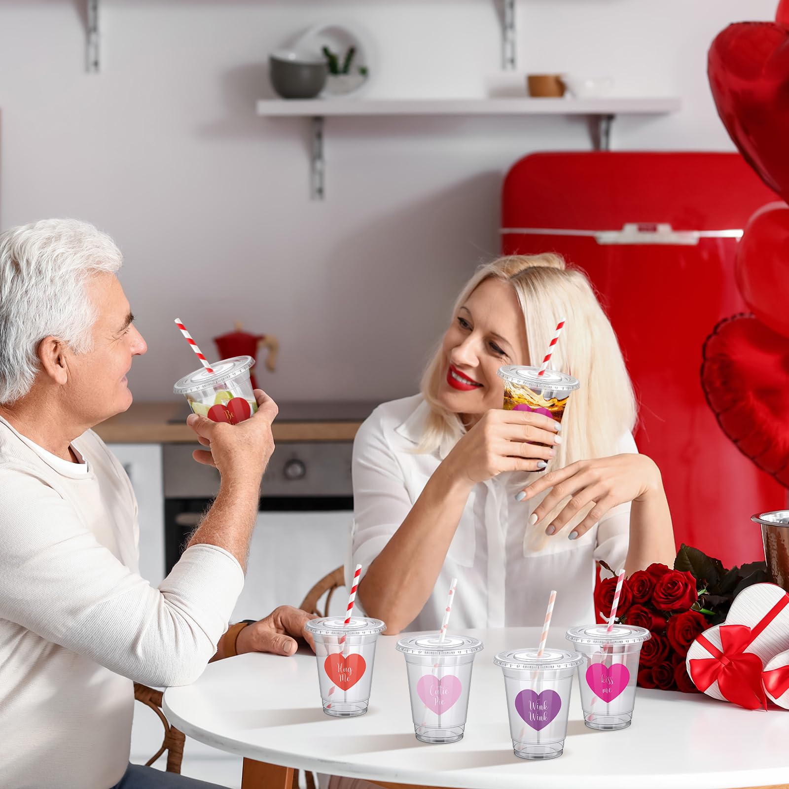 36 Sets Valentines Day Party Cups With Lids And Straws Heart Stickers Plastic Clear 12Oz Valentine'S Day Disposable Cups For Cof