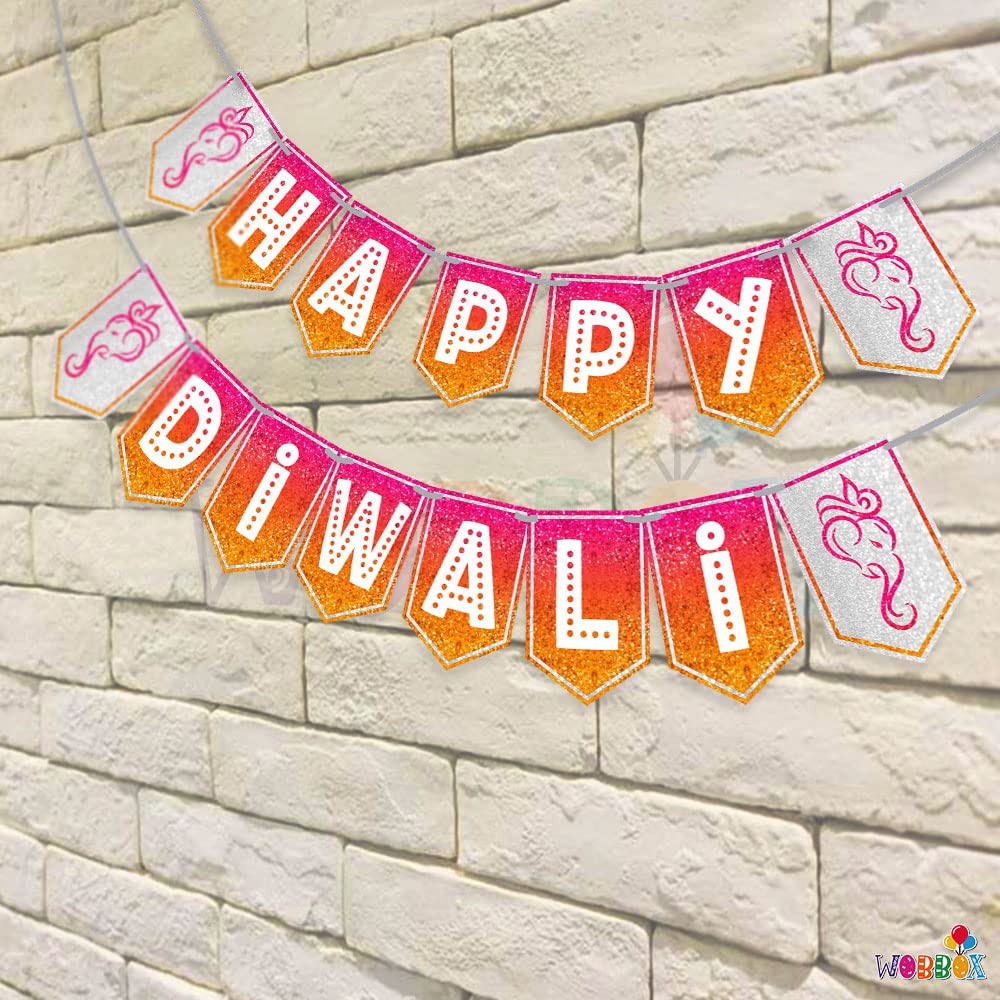 WOBBOX Diwali Decoration Bunting Banner, Happy Diwali Pink Red & Yellow Gliter With White Font, Diwali Decoration Item, Diwali D