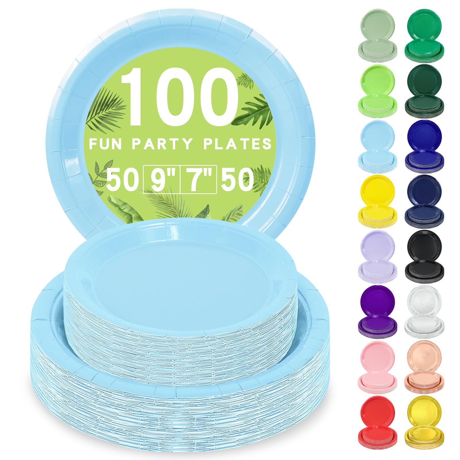 LANLISA 100 Light Blue Paper Plates Set Includes 50-9 & 50-7 Disposable Dessert Cake Paper Plates For Party Supplies