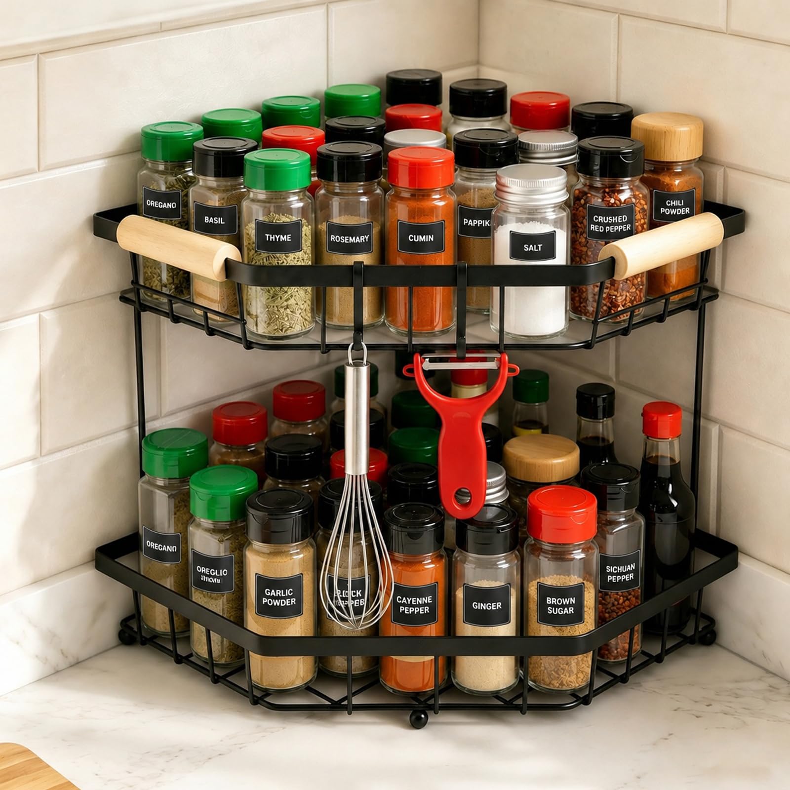 MSJGA 2 Tier Corner Spice Rack Organizer for Kitchen Counter Cabinet