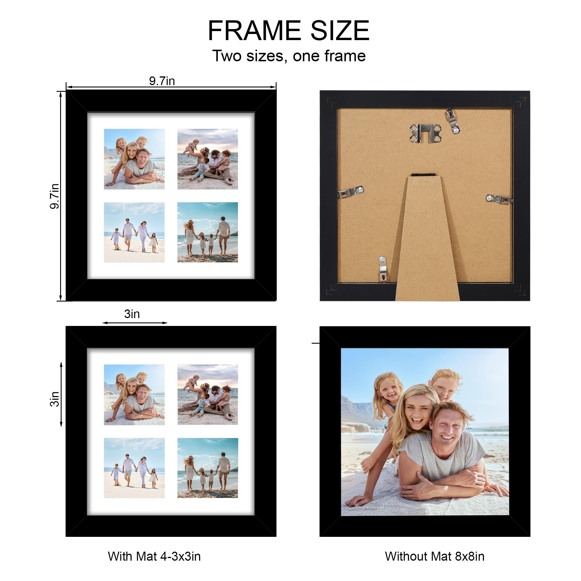 Hongkee 8x8 Picture Frame Set of 2, with Glass and Black Wood Frames, Display Collage Four Opening 3x3 With Mat or 8 x 8 Without