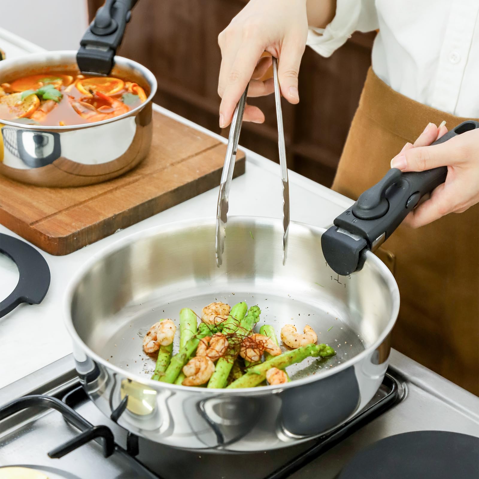 ROYDX 3-Ply Pots and Pans Set,18/10 Stainless Steel Cookware Set with Detachable Handles,PFOA Free, Frying Pan,Saucepans with Li