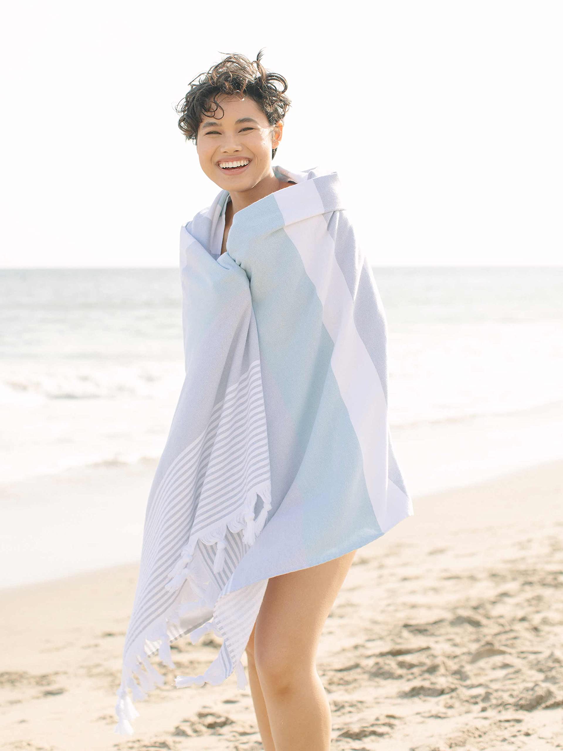 Laguna Beach Textile Co. Soft Turkish Fouta Beach Towel - Teal Blue & Gray, 400 Gsm