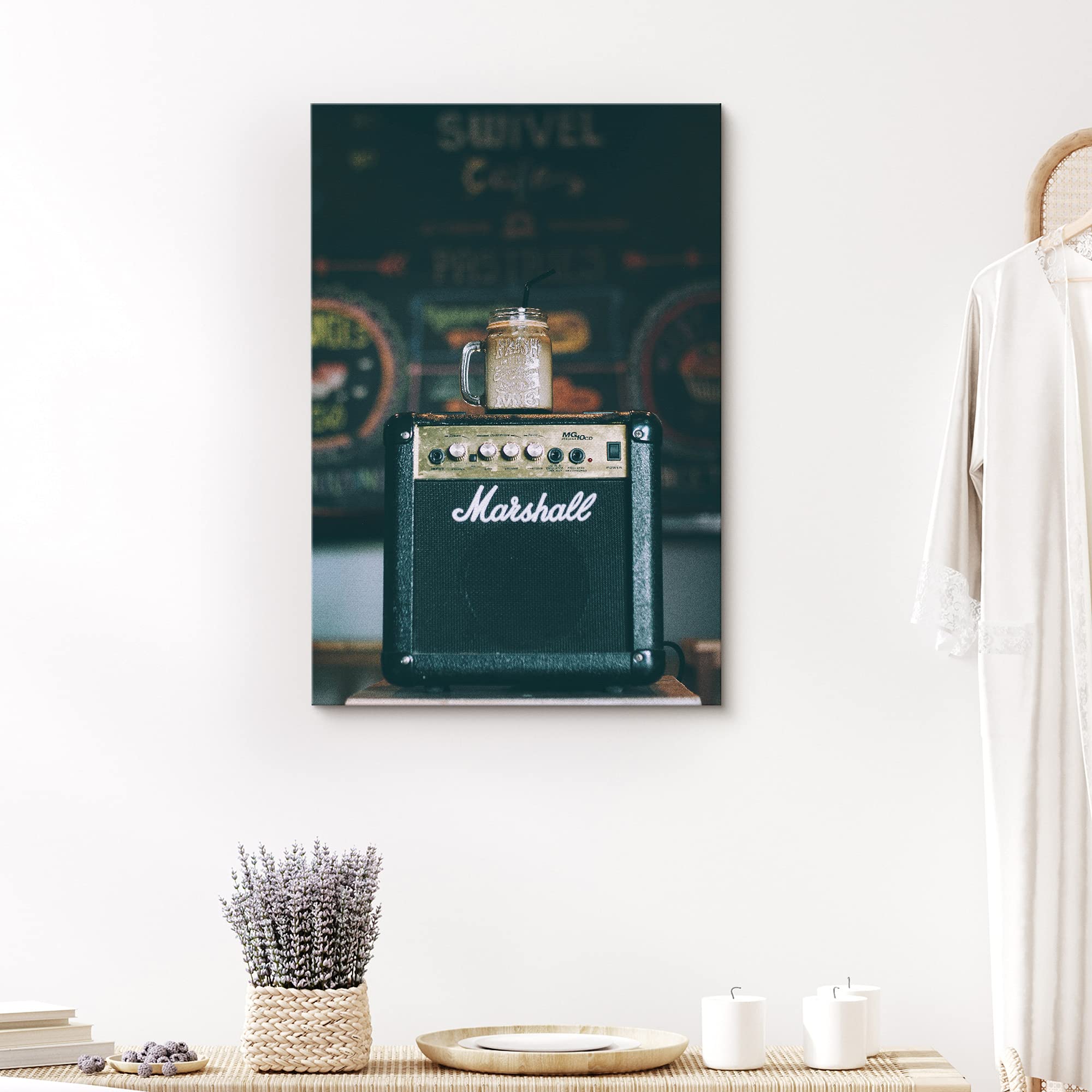 Signford Canvas Print Wall Art Retro Guitar Amplifier With Coffee Mason Jar Music American Photography Realism Bohemian Expressi