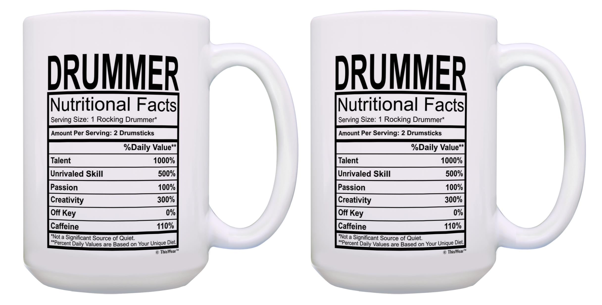 Thiswear Funny Drummer Gifts For Men Drummer Nutritional Facts 2 Pack 15Oz Coffee Mugs Set White