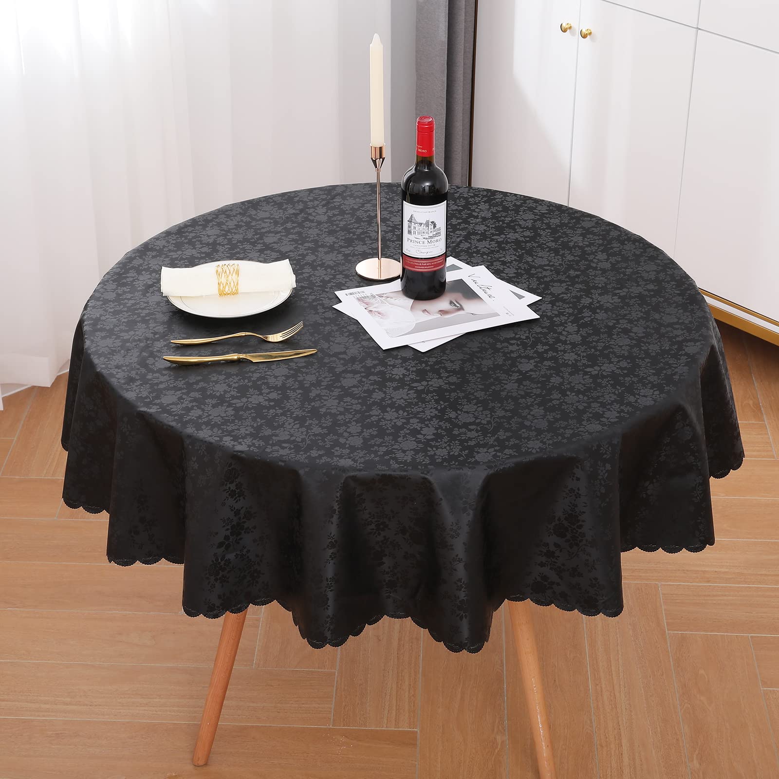 Smiry Round Table Cloth, Waterproof Heavy Duty Vinyl Tablecloths, Wipeable Washable Table Cover For Kitchen And Dining Room (Bla