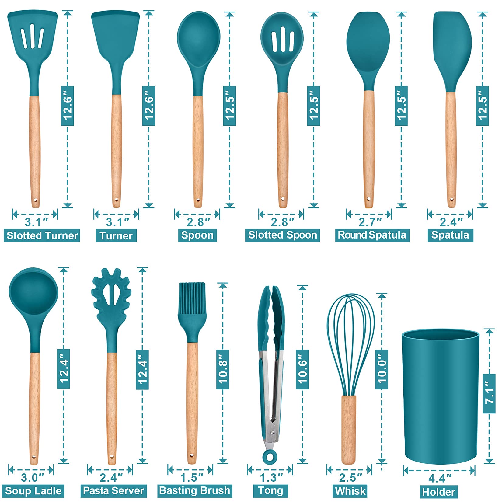 12Pcs Cooking Kitchen Utensils, P&P Chef Silicone Utensil Head With Wooden Handle, Turner, Ladle, Spoon, Spatula, Tong, Heat-Res