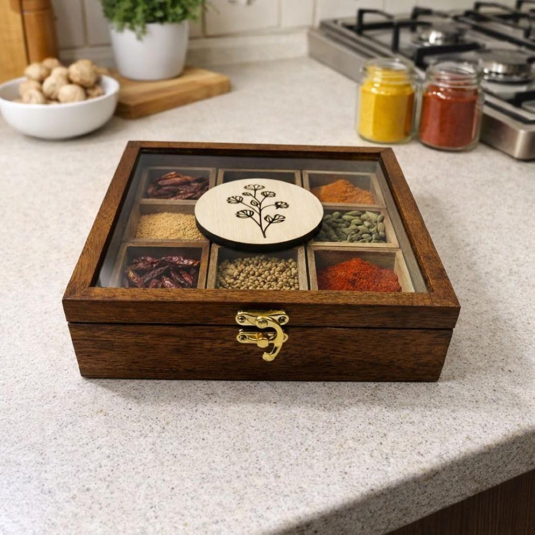 Espoir Bloom Spice Box With 1 Spoon  Wood Masala Dabba Organizer For Kitchen  9 Containers  Decorative Handmade, Brown EbSpi