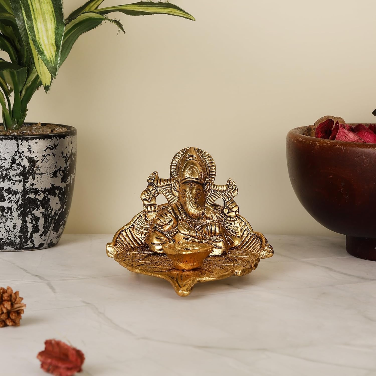 Saugat Traders Lord Ganesha On Leaf With Diya For Pooja | Brass Ganesh Statue For Home Temple | Religious Idols Return Gifts | G