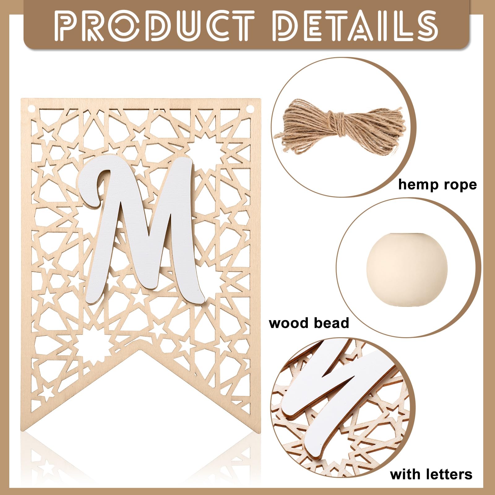 Smoothnovelty 2 Pcs Eid Ramadan Mubarak Banner Wooden Ramadan Mubarak Decoration Rustic Bead Ramadan Decorations Banner Muslim P