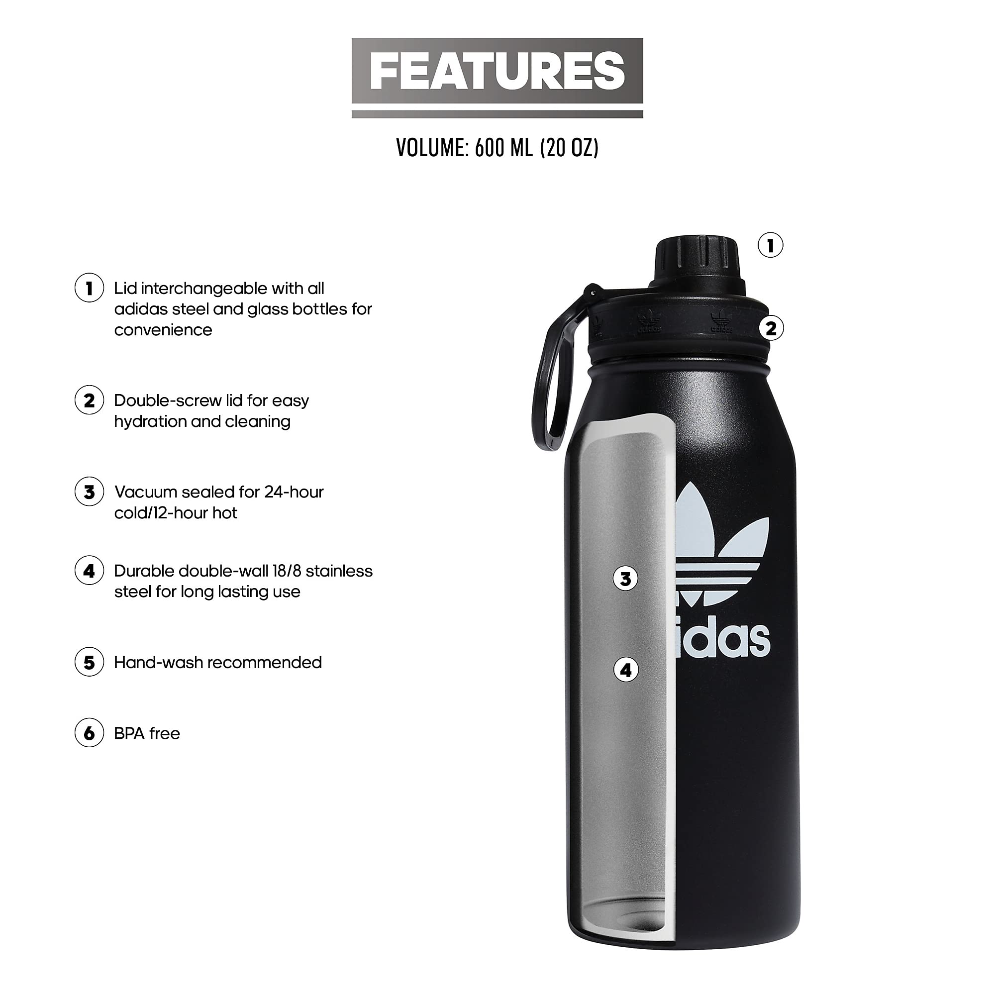 Adidas Originals 1 Liter (32 Oz) Metal Water Bottle, Hot/Cold Double-Walled Insulated 18/8 Stainless Steel, Black/White, One Siz