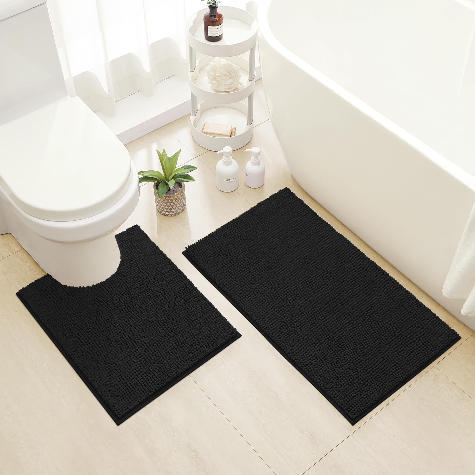 Homeideas Bathroom Rugs Set 2 Pieces, Ultra Soft Non Slip Absorbent Chenille Toilet Bath Mat Set (Black)