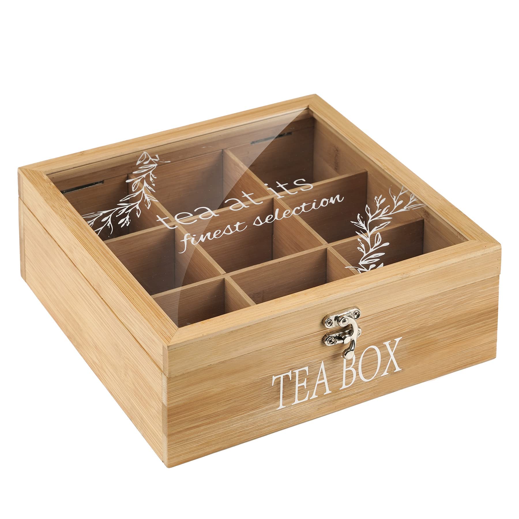 Handrong Tea Box Tea Bag Organizer Bamboo Tea Bag Holder Modern Tea Caddy Chest With 9 Compartments And Clear Cover For Home Use