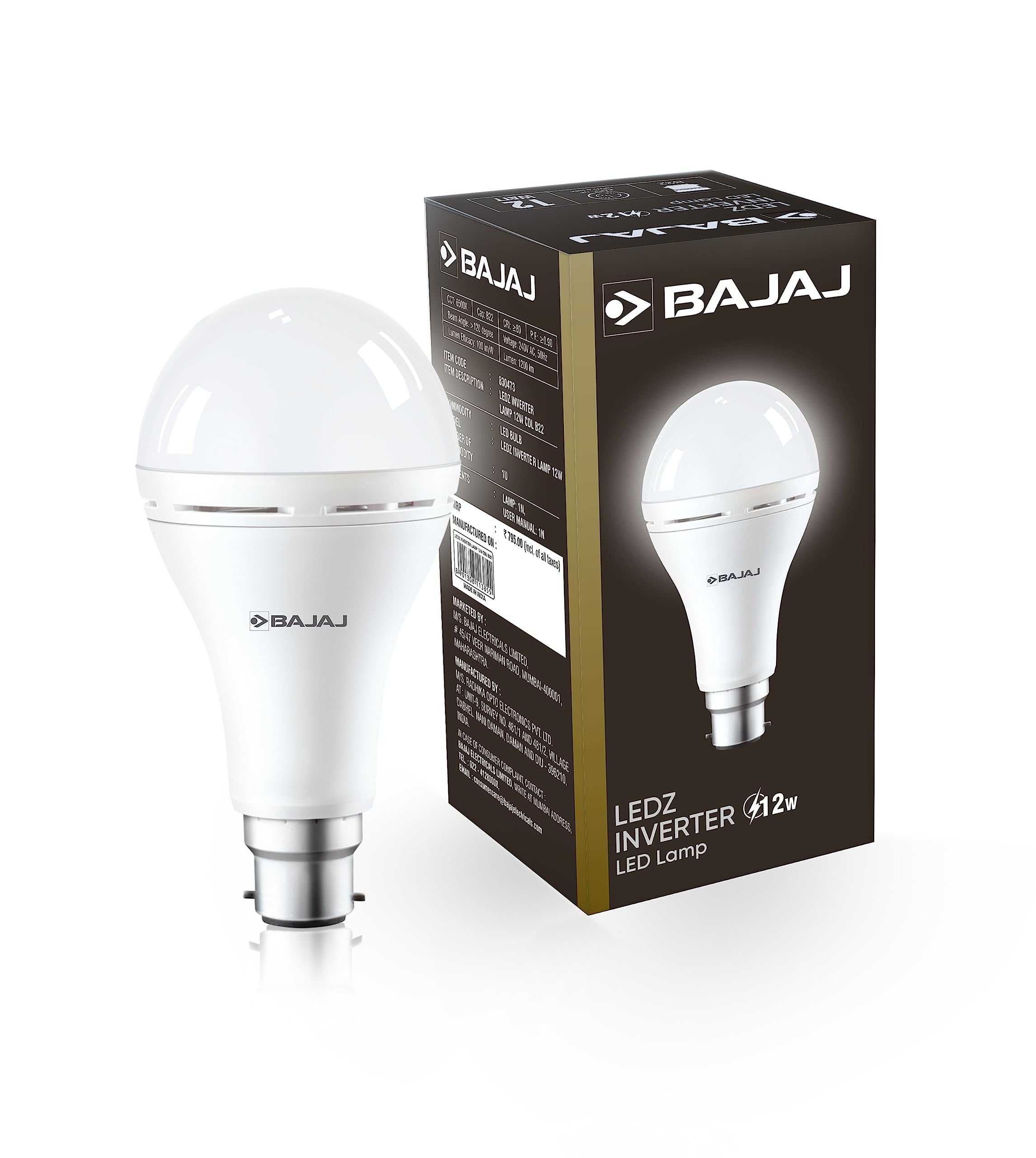 Bajaj Ledz 12W Rechargeable Emergency Inverter Led Bulb | Cool Day Light | Upto 4 Hours Battery | B22D | 1 Year  Warranty (Pack