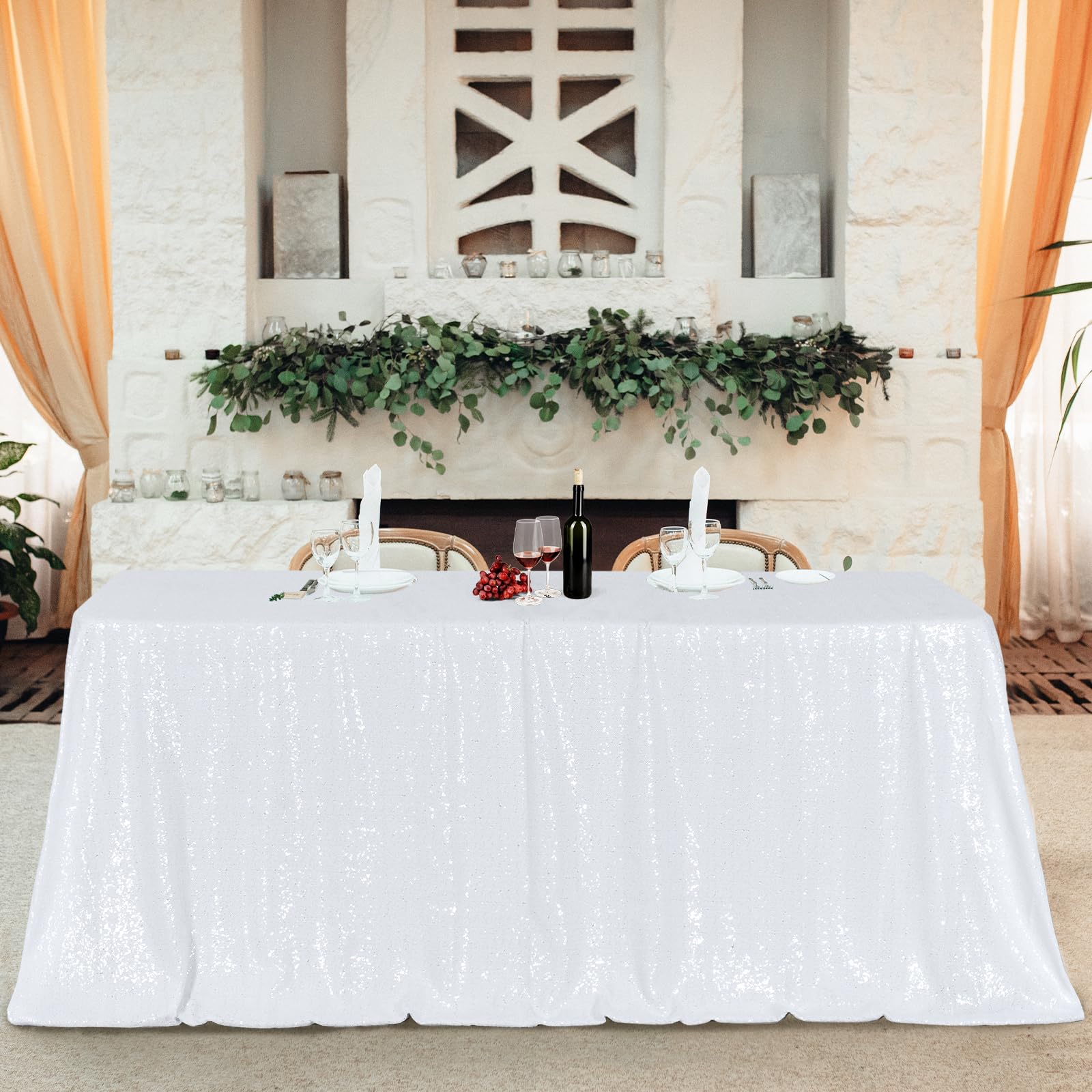 Poise3Ehome 60A120 Rectangle White Sequin Tablecloth For Party Cake Dessert Table Exhibition Events, White