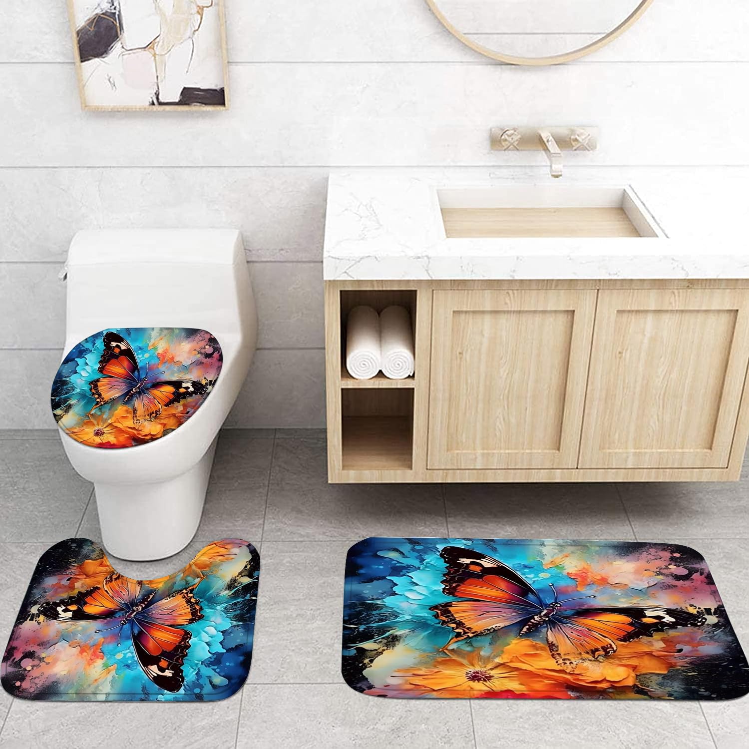 Pretyw 4 Pcs Flower Butterfly Shower Curtain Set With Non-Slip Rug, Toilet Lid Cover And Mat, Colorful Butterfly Shower Curtain
