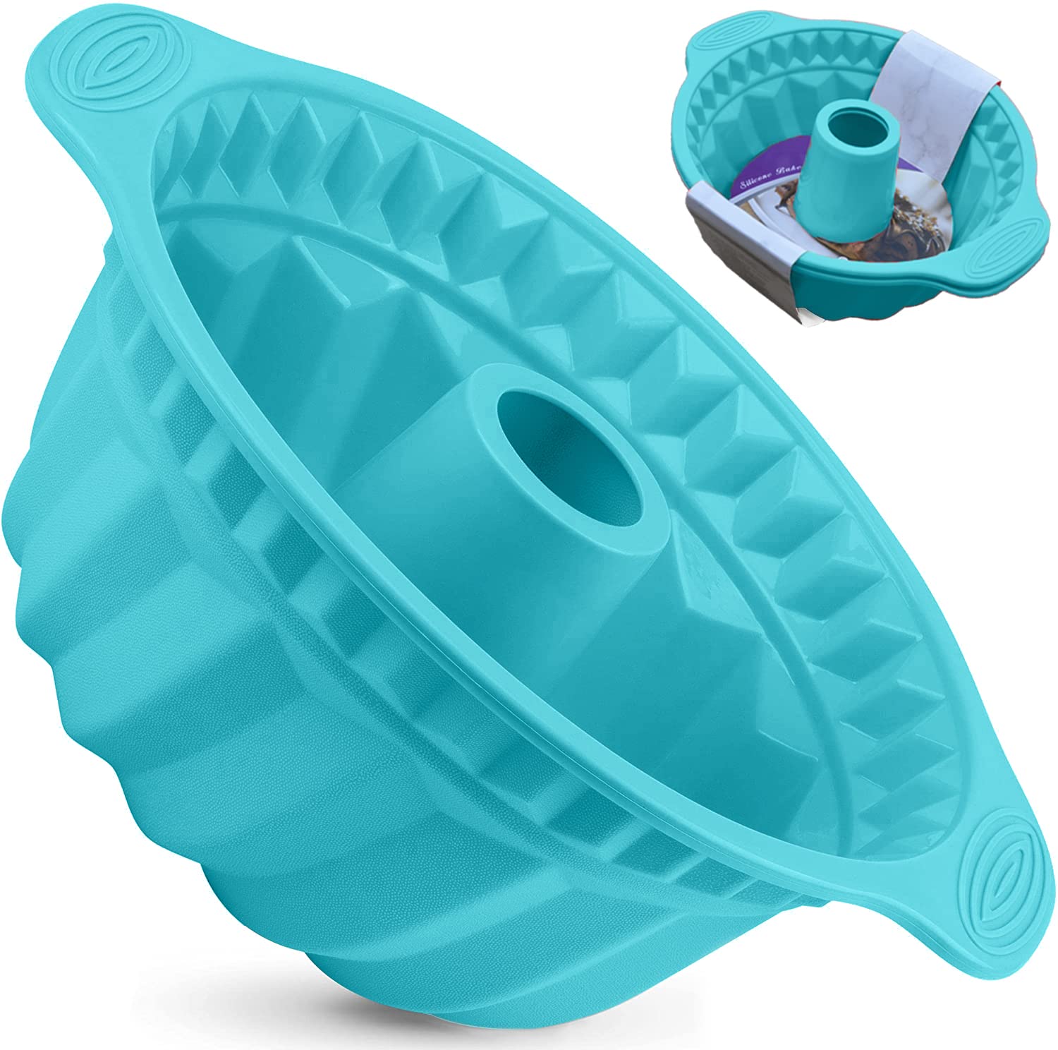 Kenond 2 PCS 9.5 Inch Silicone Cake Pans, Non-stick Fluted Cake Pan with Sturdy Handle, Cake Baking Molds, Perfect Bakeware for 