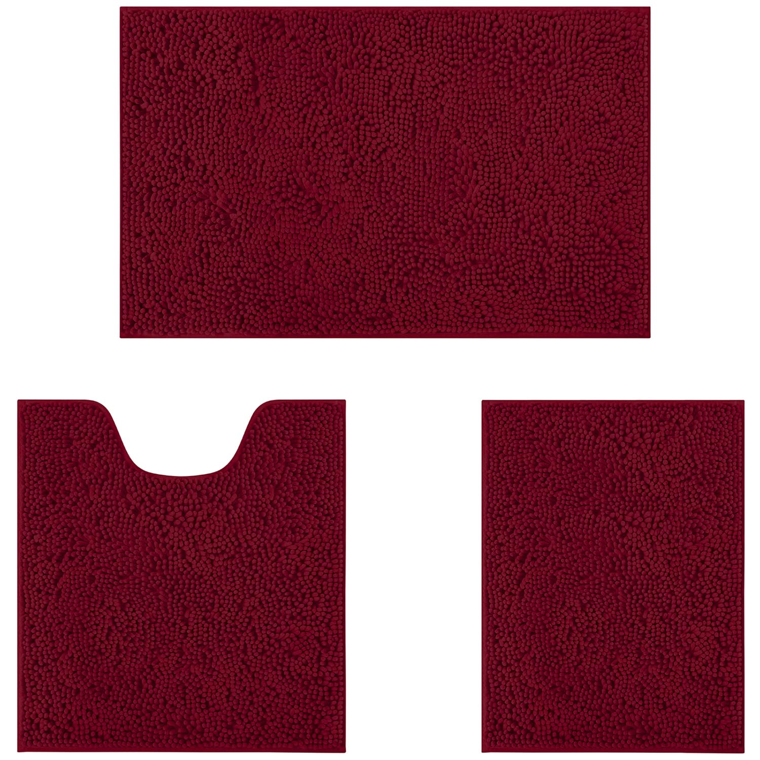 Homeideas 3 Pieces Bathroom Rugs, Ultra Soft Non Slip Absorbent Chenille Toilet Bath Mat Set (Burgundy)
