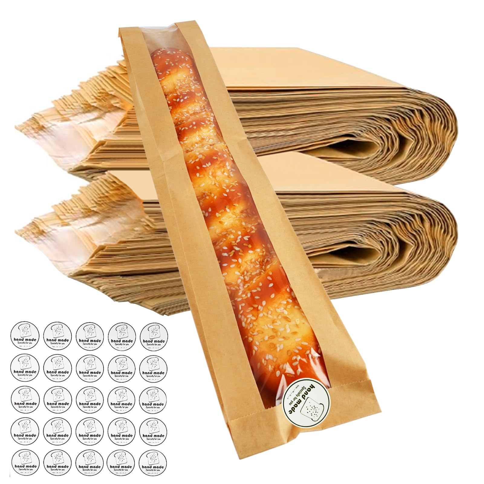Pakiper 50 Pack Cookie Packaging Bread Bags,Baguette Bags For Bread,Kraft Paper Bread Bags With Front Window, For Homemade Bread