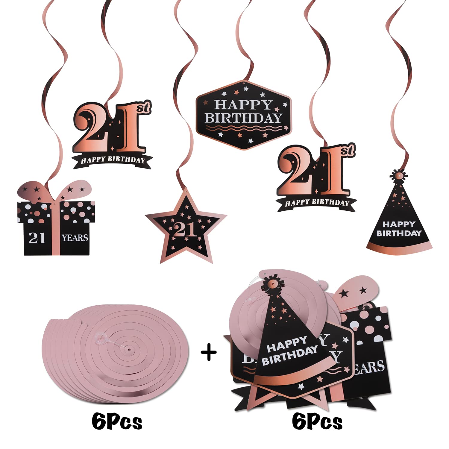 Lingteer Happy 21St Birthday Decorations,21St Birthday Black With Rose Swirls Hanging Streamer Kit,Cheers To 21 Years Old Bday F