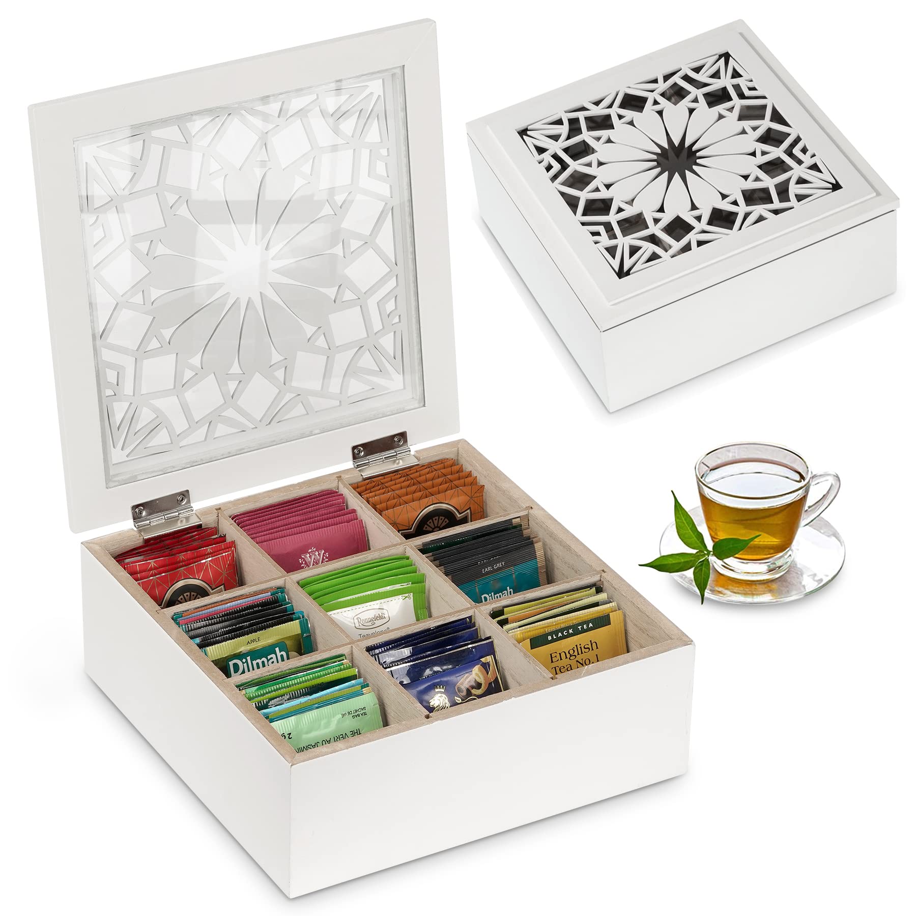 Handrong Tea Box Tea Bag Organizer Wooden Tea Bag Holder Modern Tea Chest With 9 Compartments And Glass Cover For Home Tea Parti
