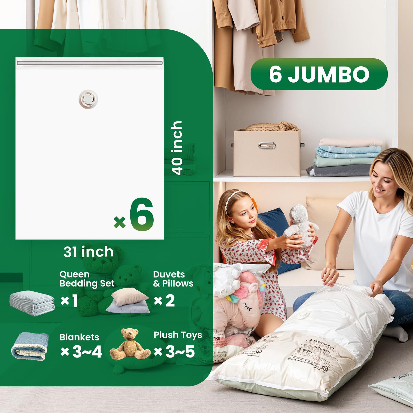 TAILI 6 Pack Vacuum Storage Bags for Comforter and Blankets  Jumbo Vacuum Seal Bags for Bedding 40x31 Inch  Space Saver Bags for Clothes  Pillows  Saving More Closet Space