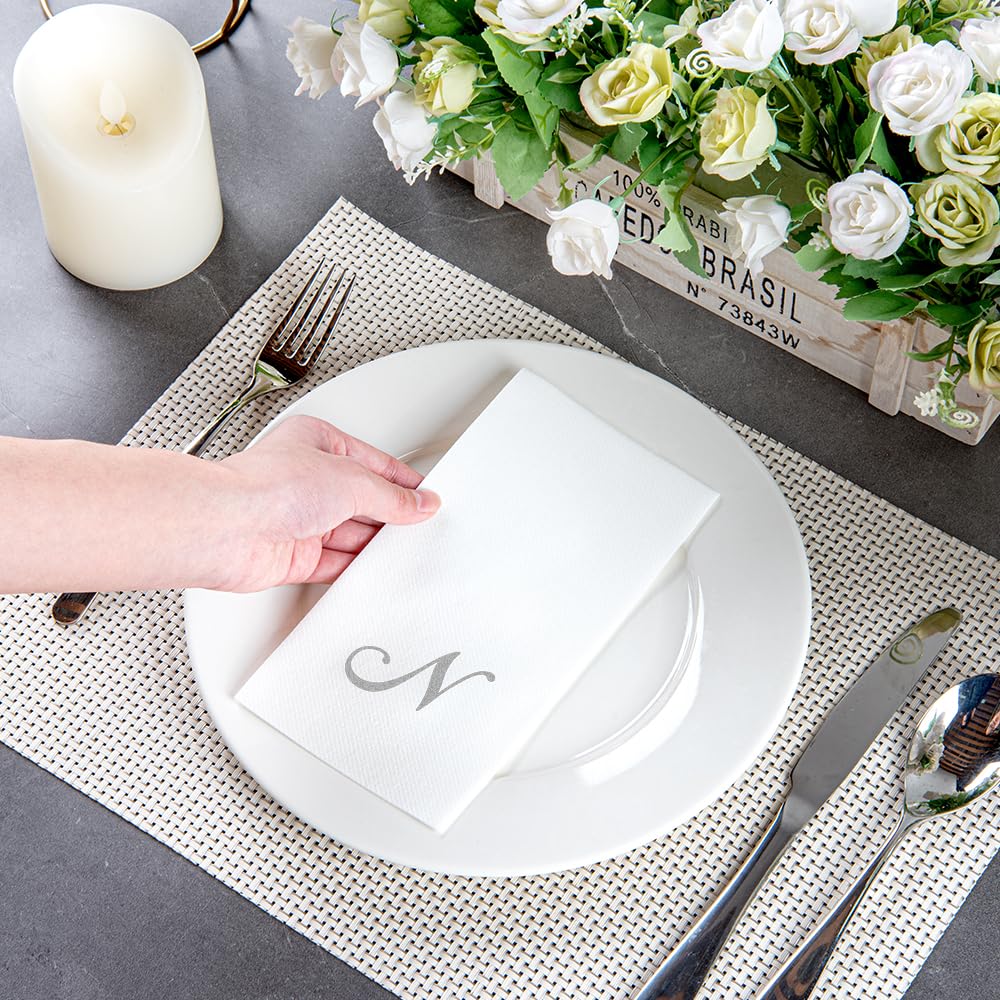 Luxenap 15.8 X 7.9 Inch Linen-Feel Guest Towels, 2000 Lettered Hand Towels - Silver Letter 'N', Cursive Font, White Paper Dinner