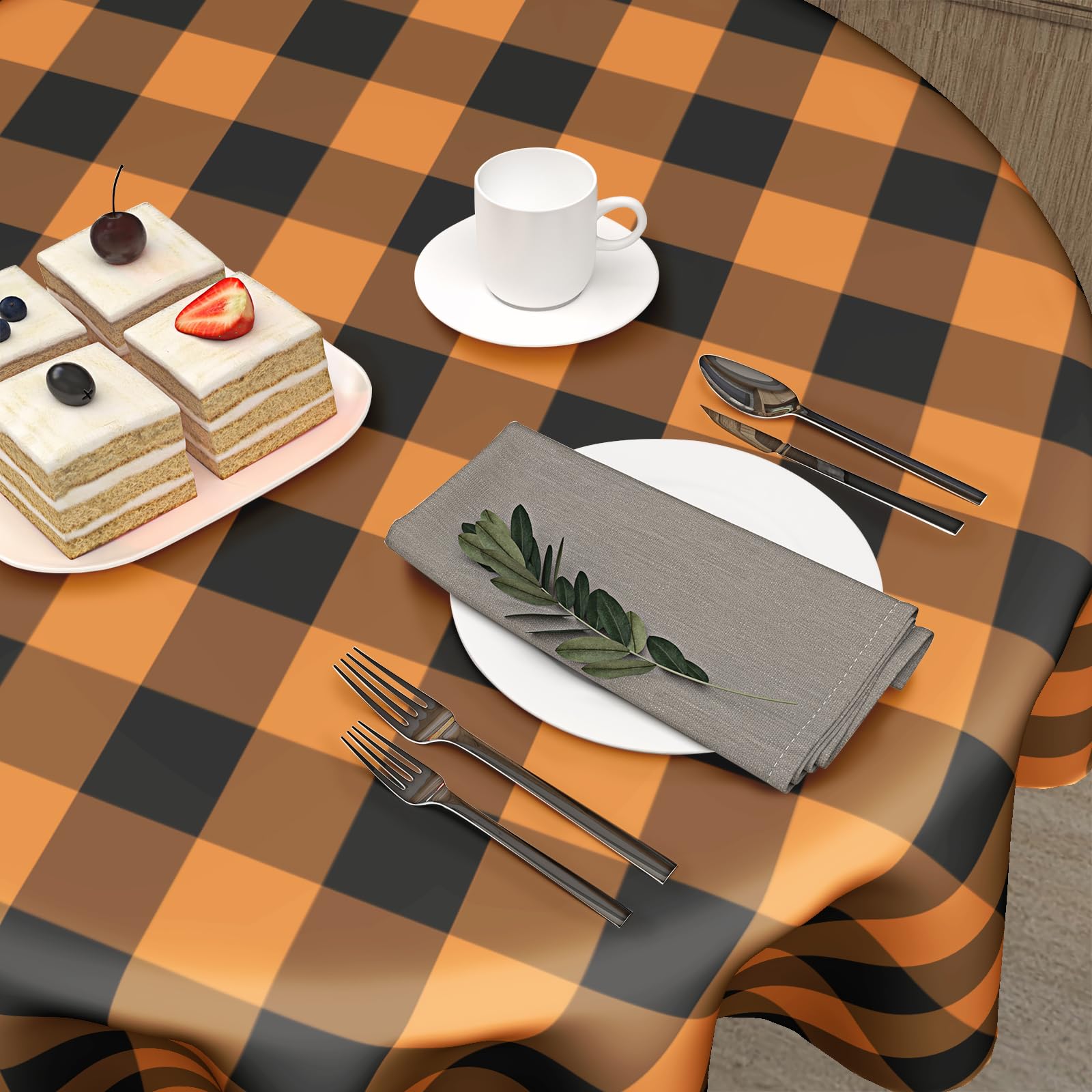 Halloween Tablecloth Round 60 Inch Black Orange Buffalo Plaid Round Table Cloth Autumn Thanksgiving Plaid Table Cloth Fall Autum
