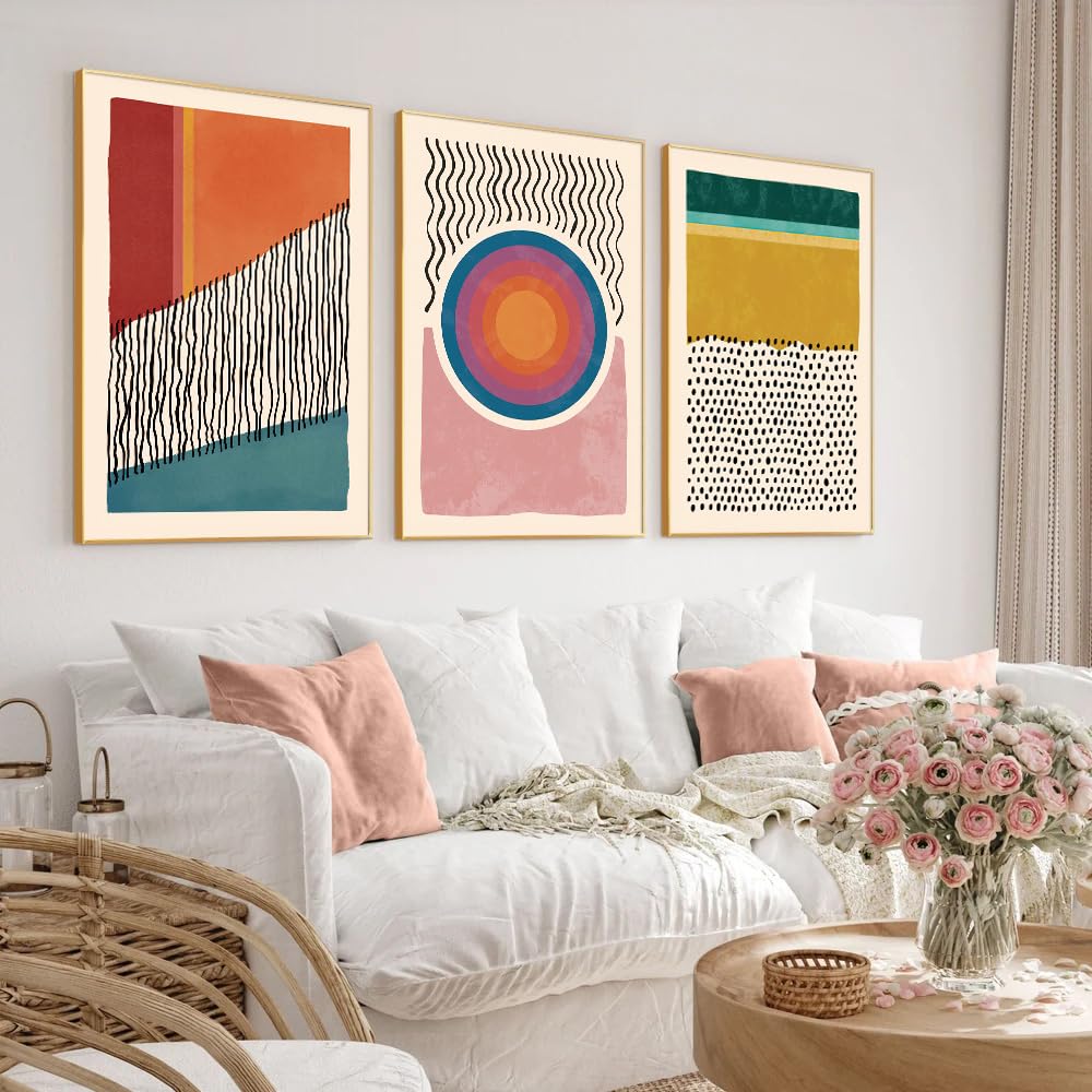 Hpinub Boho Framed Canvas Prints Wall Art Set, Mid-Century Abstract Color Block Shape Wall Decor, Geometric Illustrations Art Ph