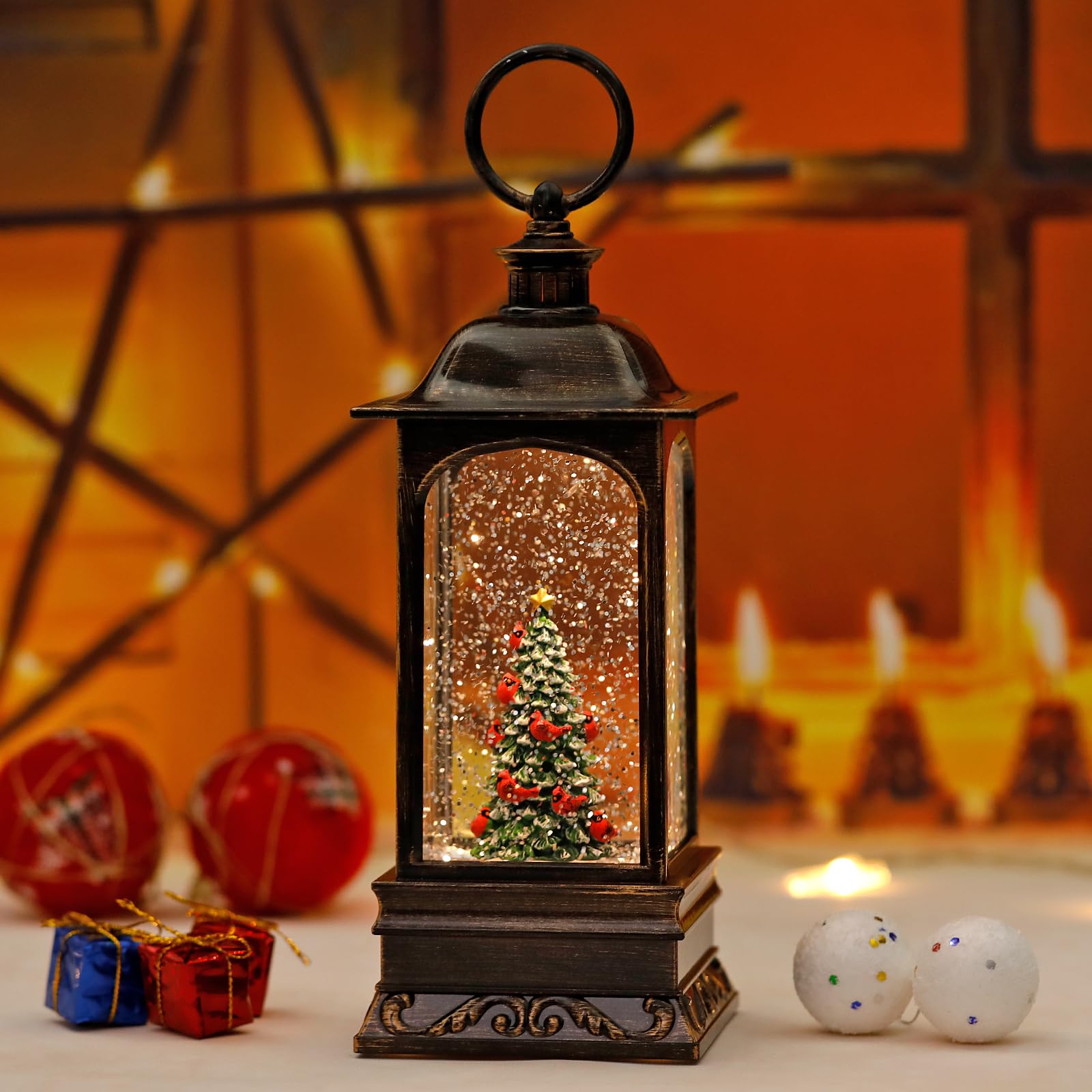 Snow Globe Christmas Decorations, 6H Timer Lighted Christmas Lantern Musical Snow Globe for Home Decor (Xmas Tree & Cardinals)